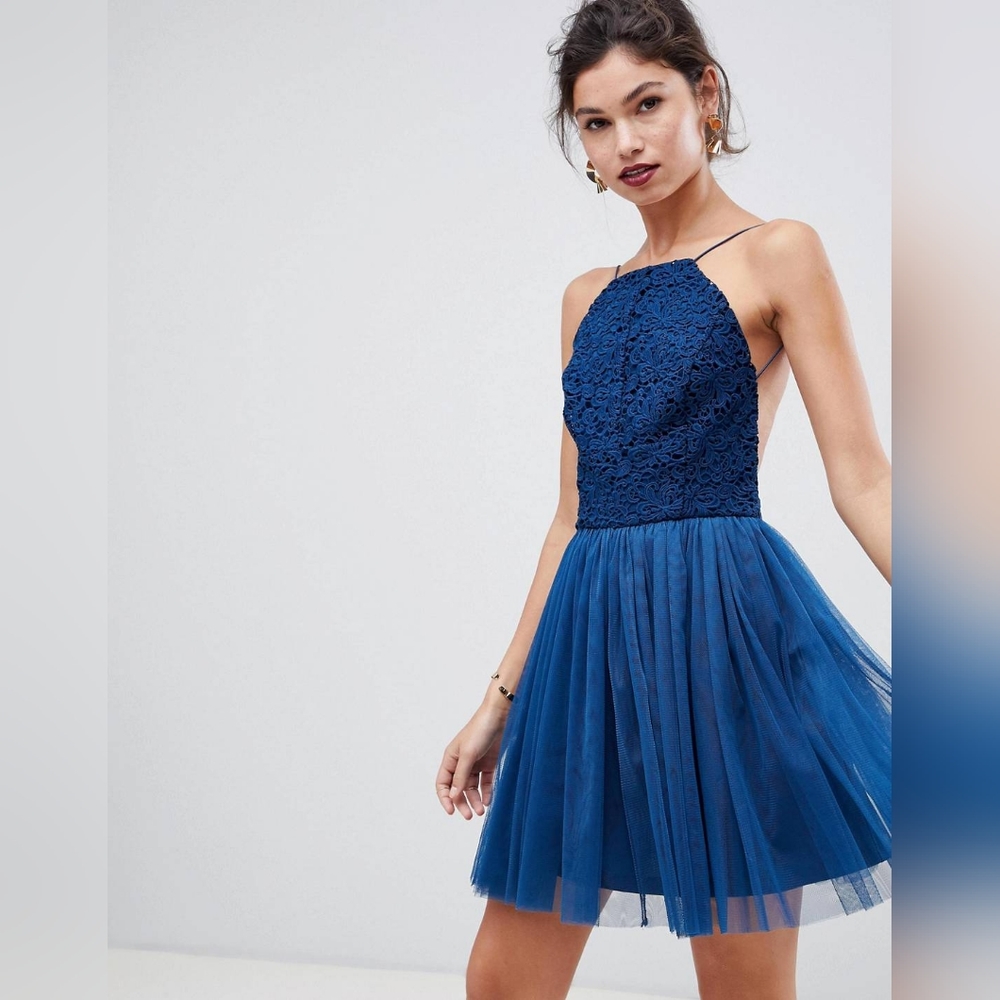 ASOS Design Blue Lace Top Tulle Mini Dress prom homecoming formal